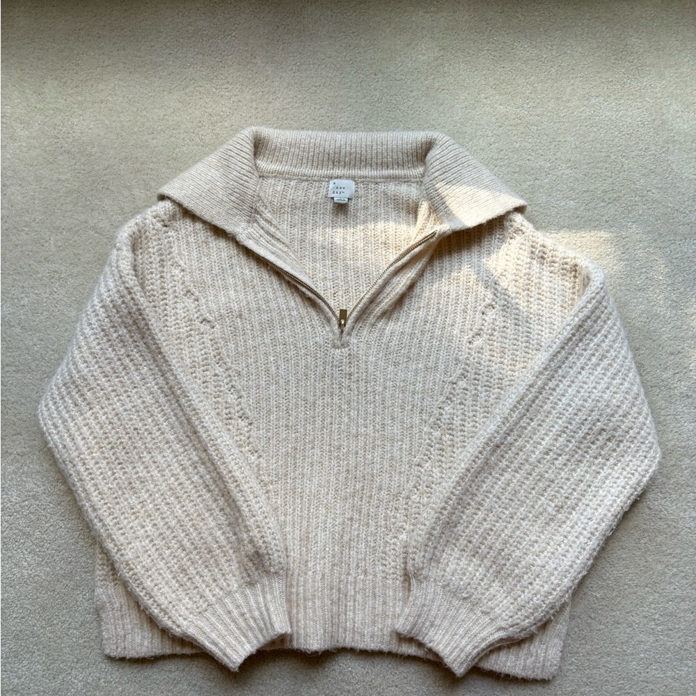 A New Day Cream Quarter-Zip Sweater – Size S, Fuzzy Knit, Puff Sleeves, Worn a F